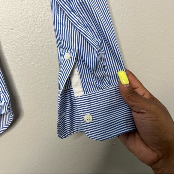 J. Crew Women Thomas Mason Shirt 00‎ Blue White Stripe Cotton Pocket Slim Fit - Picture 5 of 10